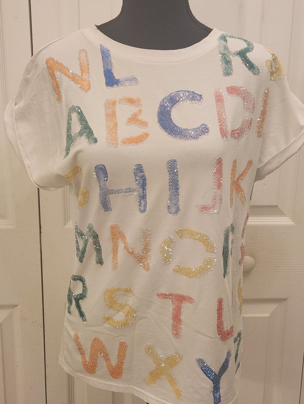 Lulu Love Womens White Alphabet Sequin Tee - Multicolor Letters